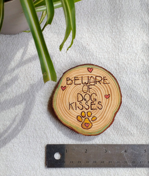 A Beware of Dog Kisses Custom Ornament on a white background. There is a metal ruler under it to demonstrate its dimensions, and there is a green plant in the corner.