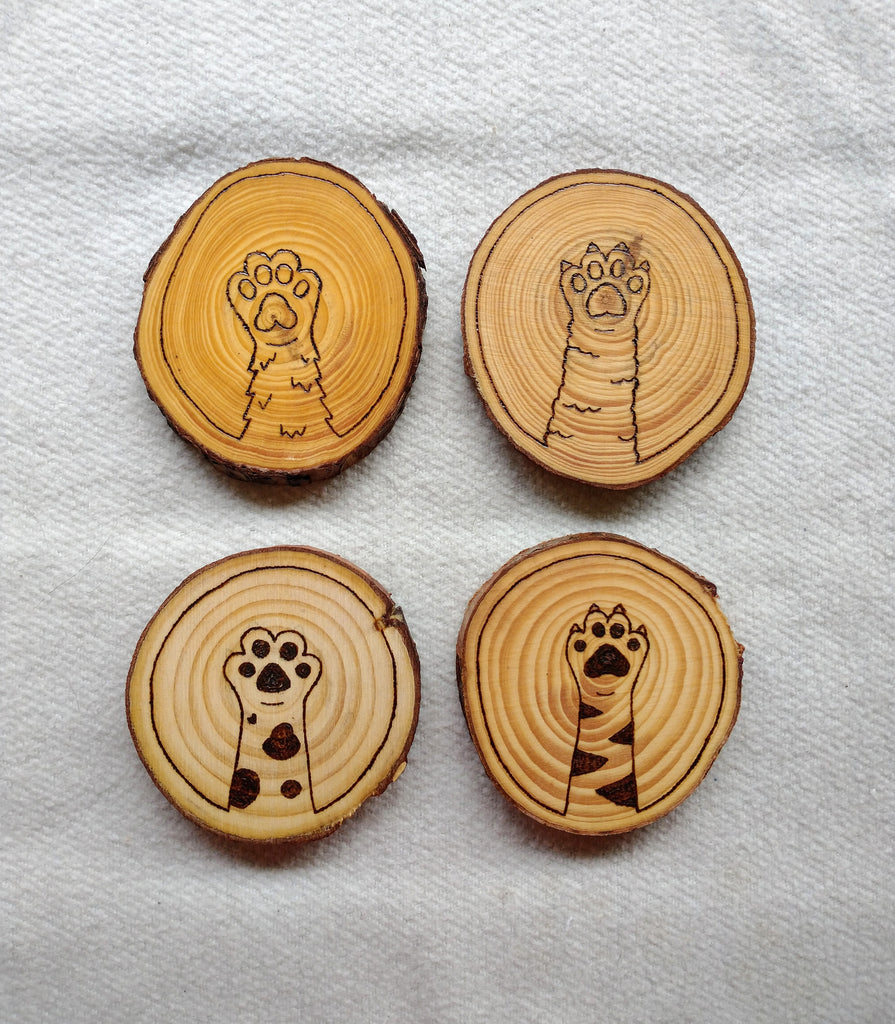 Wood slice Live edge Cat Dog Paw Coaster 3.5 inch Set of 4 Coasters felt  back