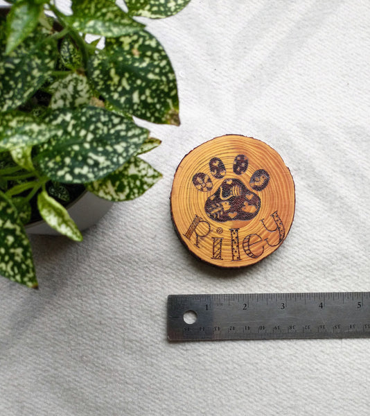 A wood slice with a Custom Cat Paw Print wood burned into it with the name Riley. It has a metal ruler under it to demonstrate its dimensions, and there is a green plant in one corner.