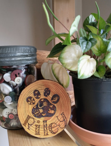 A wood slice ornament with a Custom Cat Paw Print design wood burned into it. It is staged with a vintage jar of mismatched buttons, and a green plant on a wooden shelf.