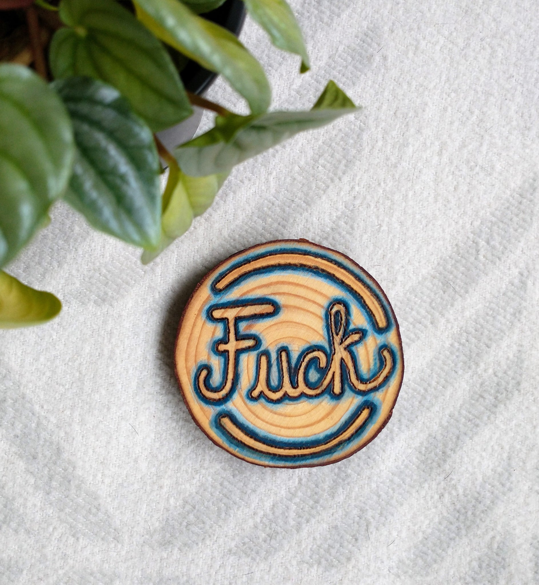 A Unique Fuck Wood-burned Wood Slice Ornament lying on a white background with a green plant in the corner.