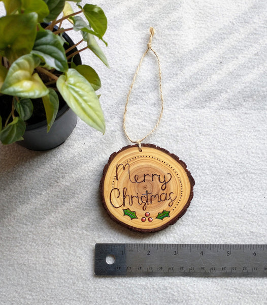 Christmas Holly - Wood Slice Christmas Ornament