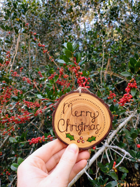 Christmas Holly - Wood Slice Christmas Ornament